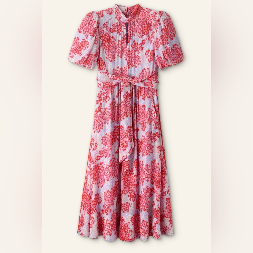 ME+EM 2 Layered Violets Print Midi Dress EUC Belt Lined Floral Fit Flare - Picture 5 of 16